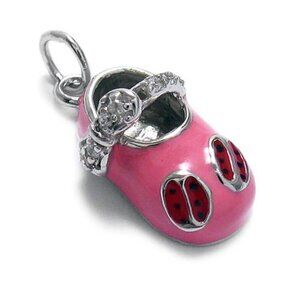 PINK BABY SHOES W/ RED ENAMEL LADYBUG AND CZ BUCKLE. CHARM IN STERLING SILVER